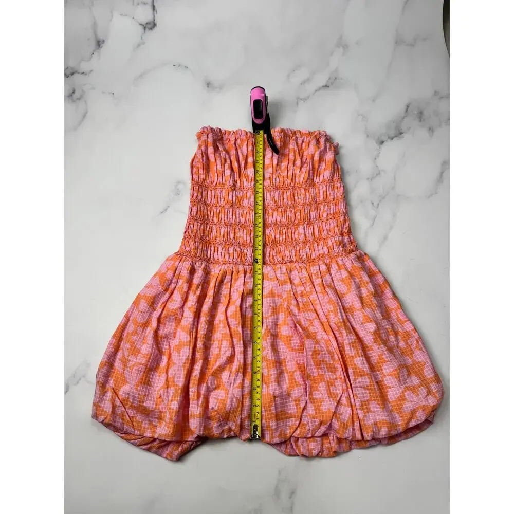 Free People Annalise Mini Dress Bubble Hem Smocked Strapless Peach Pink Coastal